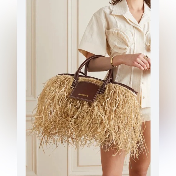 Jacquemus Handbags - Jacquemus Le Panier Soli fringe raffia tote bag with brown leather trim